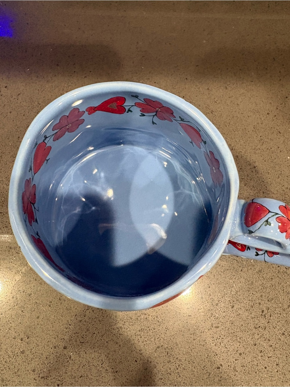 Anthropologie Blue Glazed Ceramic Bowl Red Hearts Flowers - Picture 6 of 9